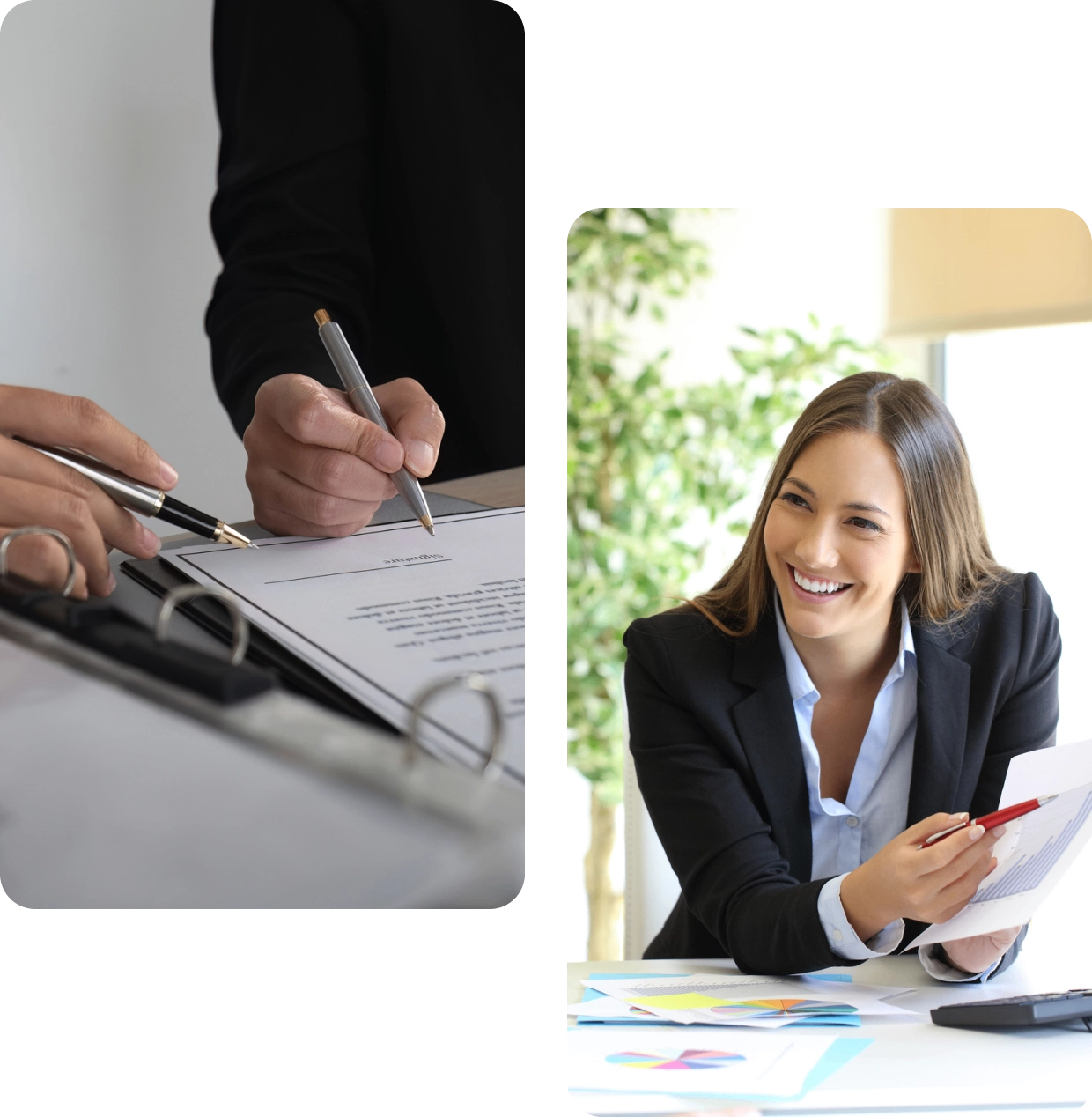 Business meeting with documents and smiling woman.